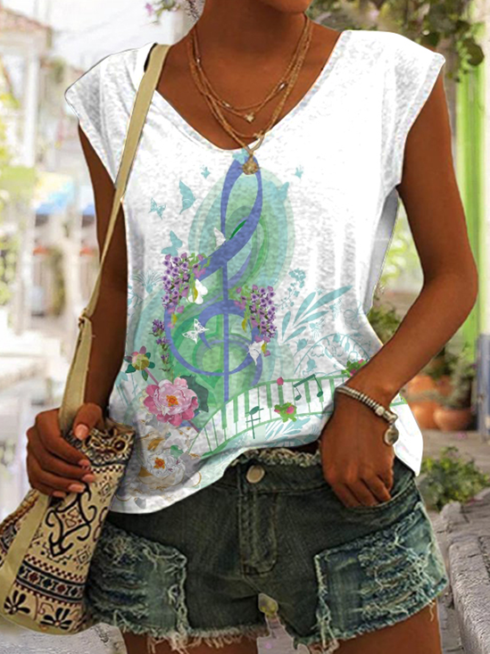 Casual V Neck Music Tank Top