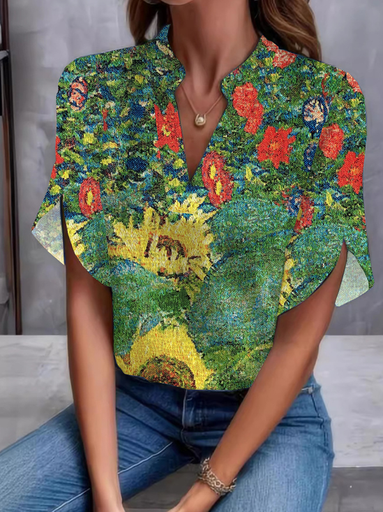 Stand Collar Half Sleeve Floral Regular Loose Shirt For Women