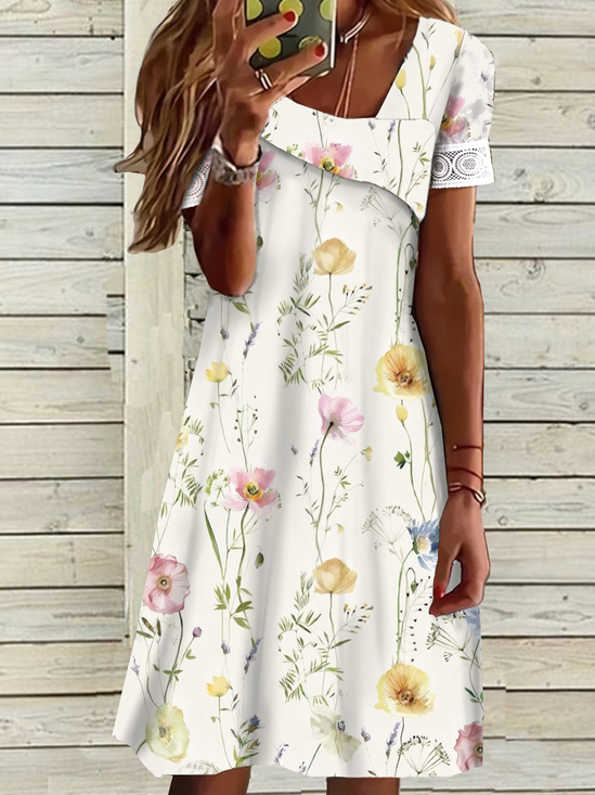 Women Floral Asymmetrical Short Sleeve Comfy Casual Maxi Dress