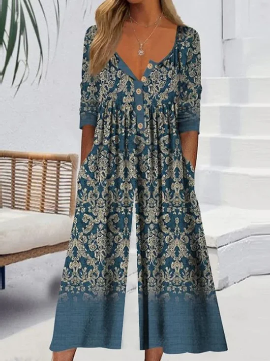 Women Half Sleeve V Neck Loose Long Daily Casual Ethnic Natural Jumpsuit