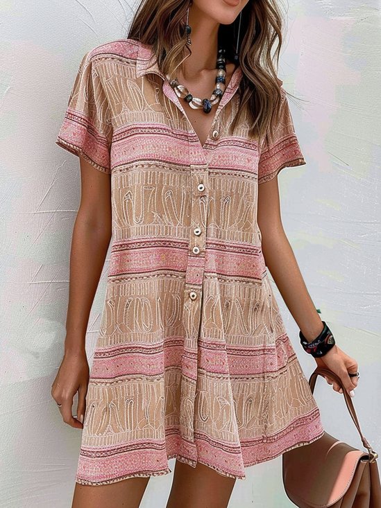Women Abstract Stripes Shirt Collar Short Sleeve Comfy Casual Short Dress