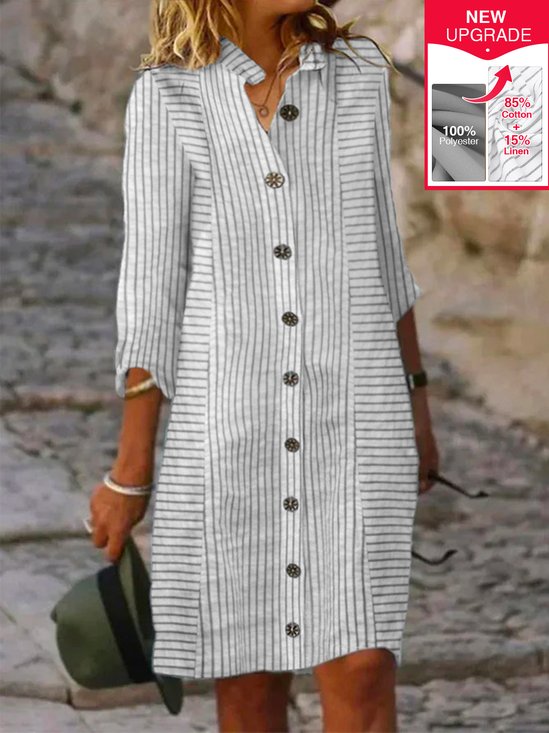 Linen Women Striped Shirt Collar Three Quarter Sleeve Comfy Casual Short Dress