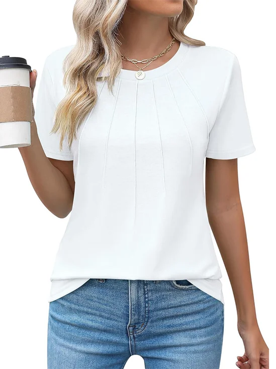 Crew Neck Short Sleeve Plain Regular Micro-Elasticity Loose Shirt For Women