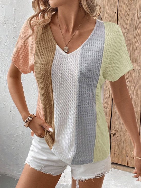 V Neck Short Sleeve Color Block Regular Loose Shirt For Women