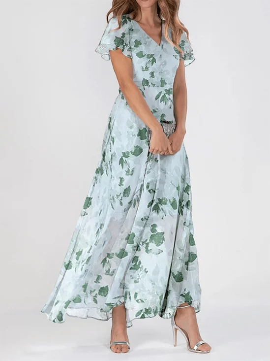 Women Floral V Neck Short Sleeve Comfy Elegant Maxi Dress