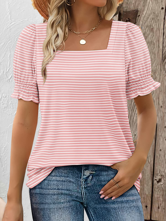 Square Neck Short Sleeve Striped Regular Micro-Elasticity Loose Shirt For Women