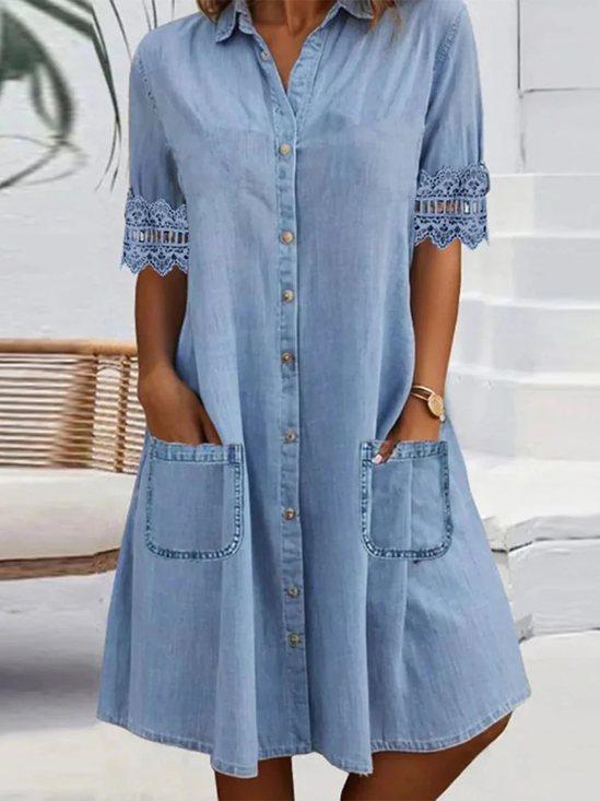 Women Plain Shirt Collar Short Sleeve Comfy Casual Lace Short Dress