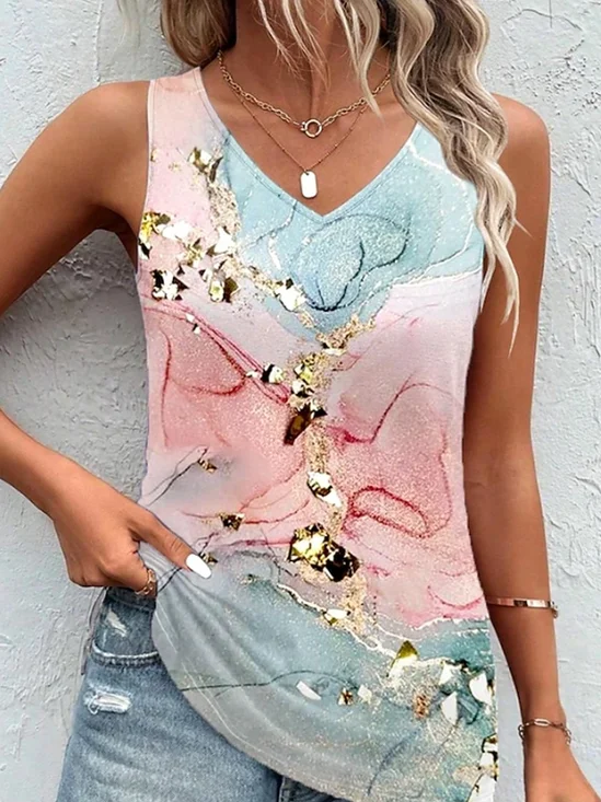 Casual V Neck Abstract Tank Top