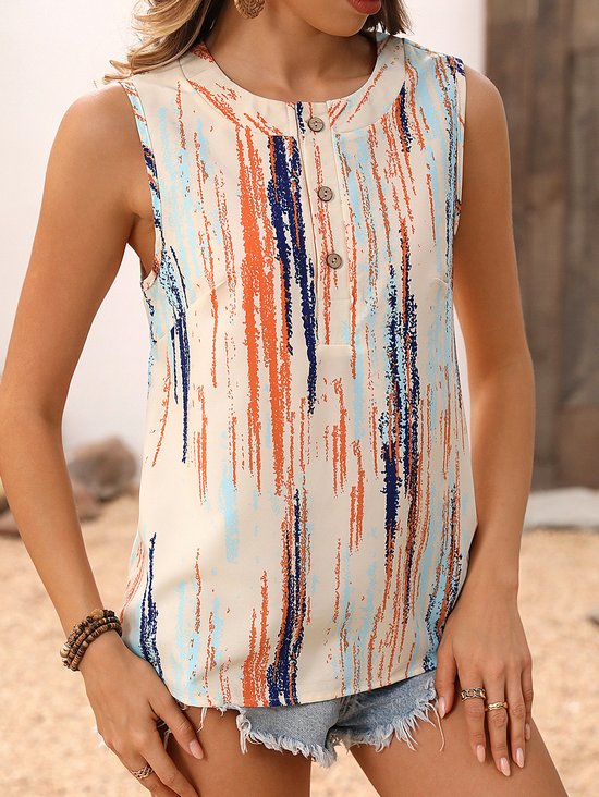 Casual Crew Neck Abstract Stripes Tank Top Buckle