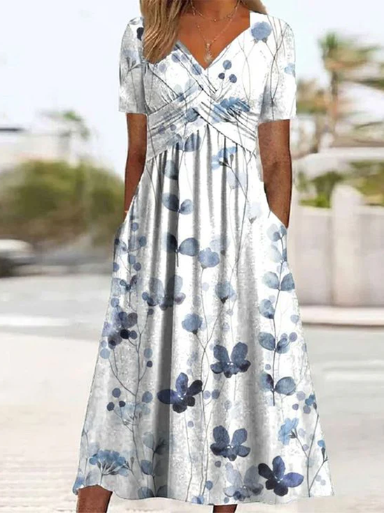 Women Blue Floral V Neck Short Sleeve Comfy Casual Midi Dress