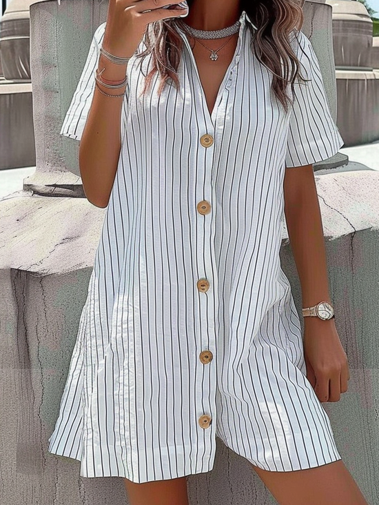 Women Striped Shirt Collar Short Sleeve Comfy Casual Short Dress