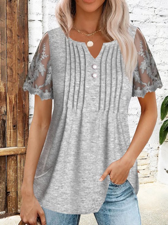 Notched Short Sleeve Plain Lace Regular Loose Shirt For Women
