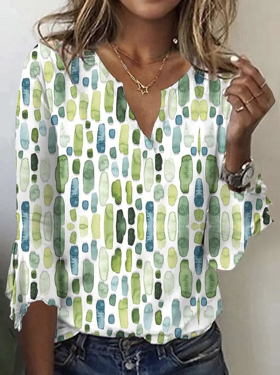 Notched Half Sleeve Abstract Regular Loose Shirt For Women