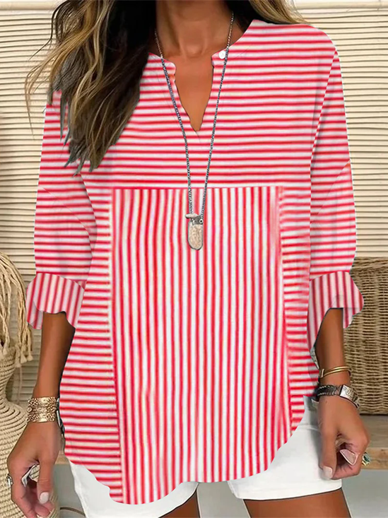 Notched Long Sleeve Striped Regular Loose Shirt For Women