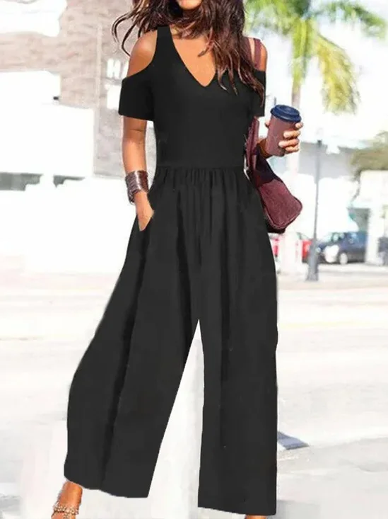 Women Short Sleeve V Neck Loose Ankle Pants Daily Casual Plain Natural Jumpsuit