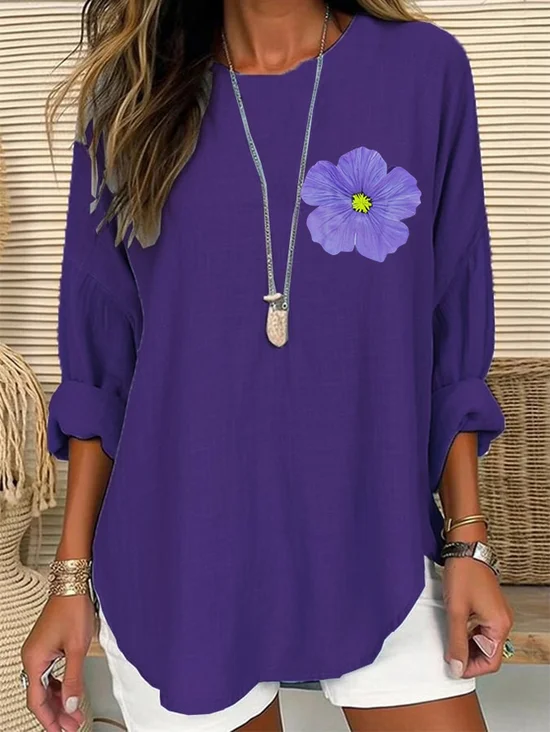 Women's Purple Flower Alzheimer's Awareness Support Print Long Sleeve Loose Shirt