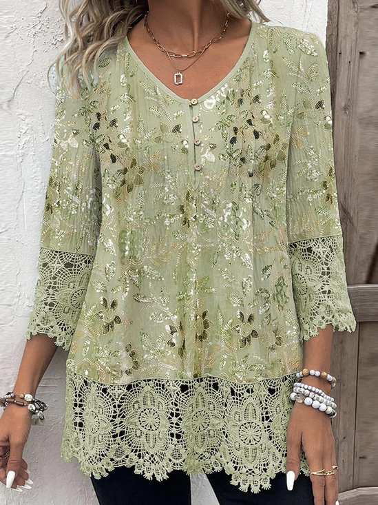 Crew Neck Three Quarter Sleeve Floral Lace Regular Loose Shirt For Women