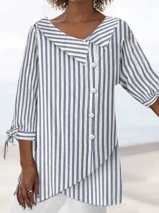 Shawl Collar Three Quarter Sleeve Striped Buckle Regular Loose Shirt For Women