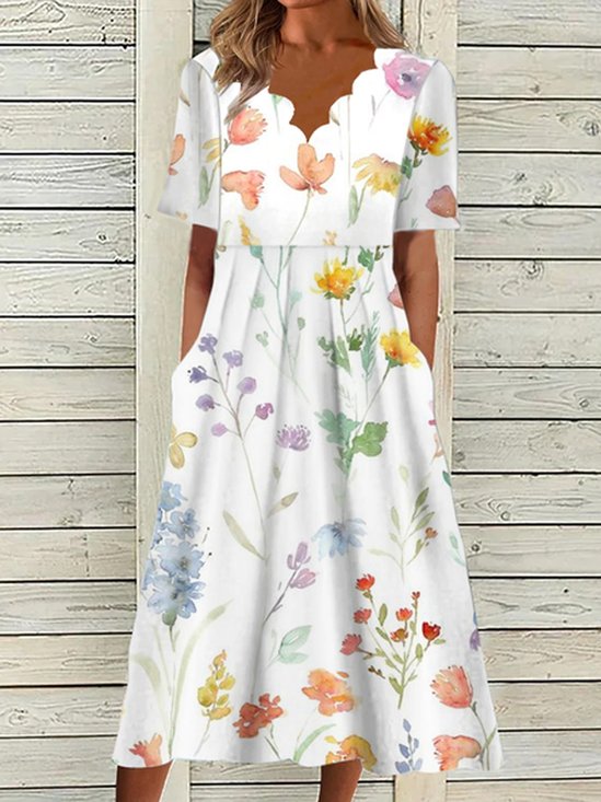 Women Floral Scoop Neck Short Sleeve Comfy Casual Maxi Dress