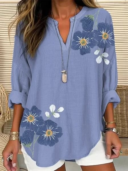 Notched Long Sleeve Floral Embroidery Regular Loose Shirt For Women