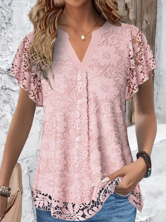 V Neck Short Sleeve Plain Regular Loose Blouse For Women