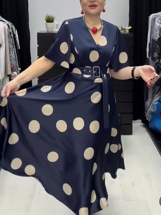 Women Polka Dots Crew Neck Short Sleeve Comfy Casual Buckle Maxi Dress