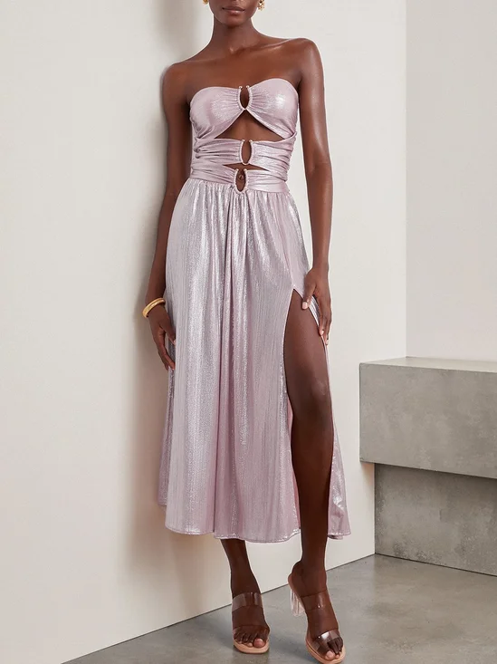 Women Plain Strapless Sleeveless Comfy Vacation Glitter Maxi Dress