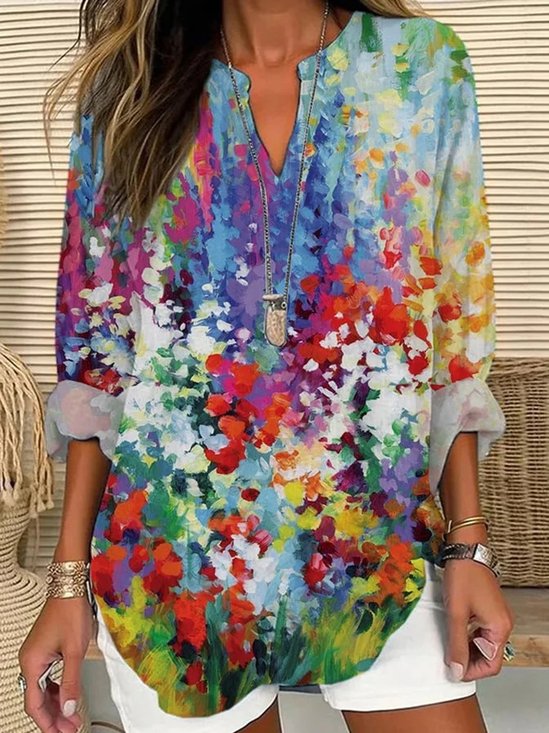 Notched Long Sleeve Floral Lightweight Loose Shirt For Women