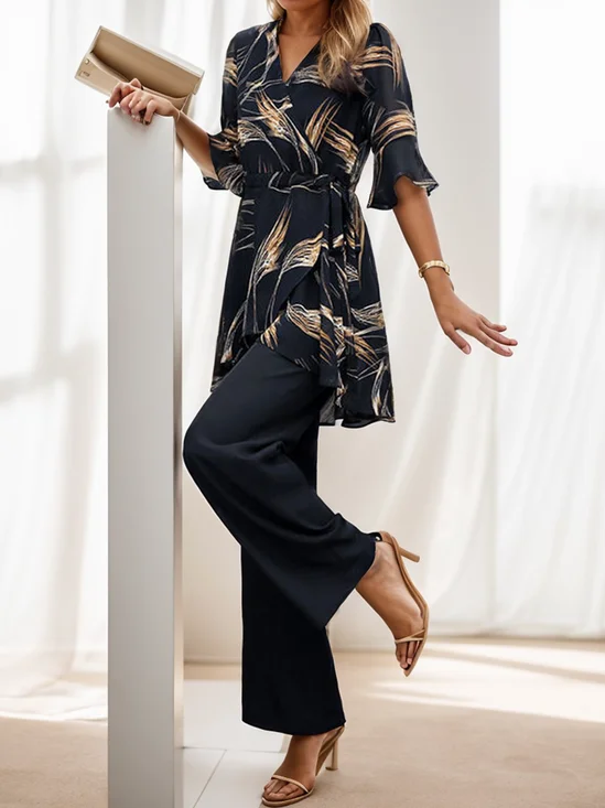 Women Floral V Neck Half Sleeve Comfy Simple Top With Pants Two-Piece Set
