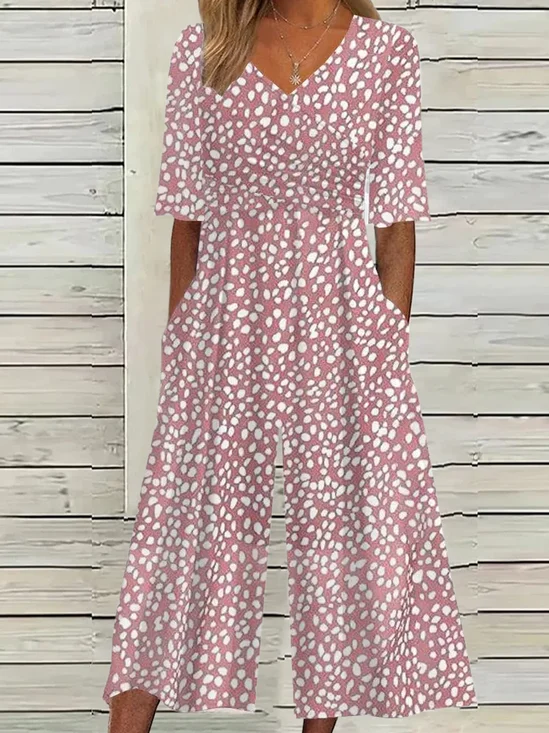 Women Short Sleeve V Neck Loose Ankle Pants Daily Casual Polka Dots Natural Jumpsuit