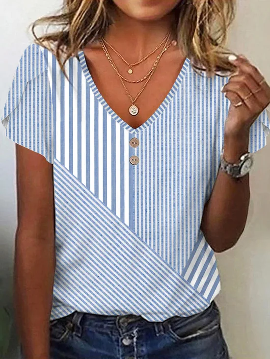 Casual Abstract Stripes V Neck Short Sleeve T-shirt