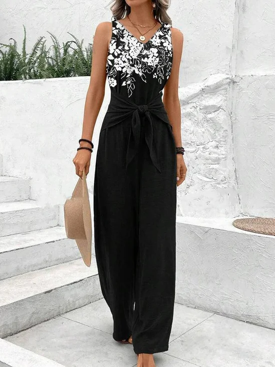 Women Sleeveless V Neck Loose Long Knot Front Daily Casual Floral Natural Tank Jumpsuit