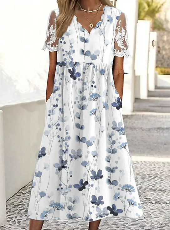 Women Floral Half Open Collar Short Sleeve Comfy Casual Lace Maxi Dress