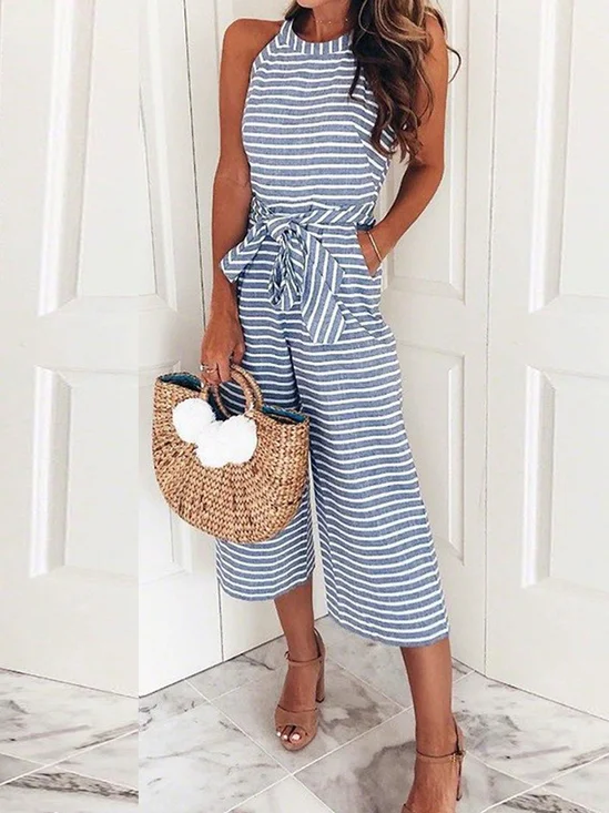 Women Sleeveless Crew Neck Regular Fit Ankle Pants Daily Casual Striped Natural Jumpsuit