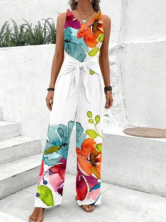 Women Sleeveless V Neck Loose Long Daily Casual Floral Natural Jumpsuit