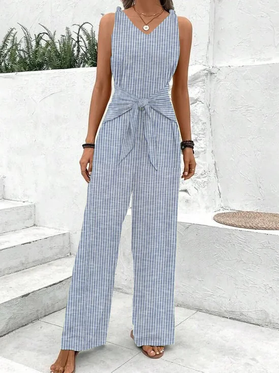 Women Sleeveless V Neck Regular Fit Long Daily Casual Striped Natural Jumpsuit