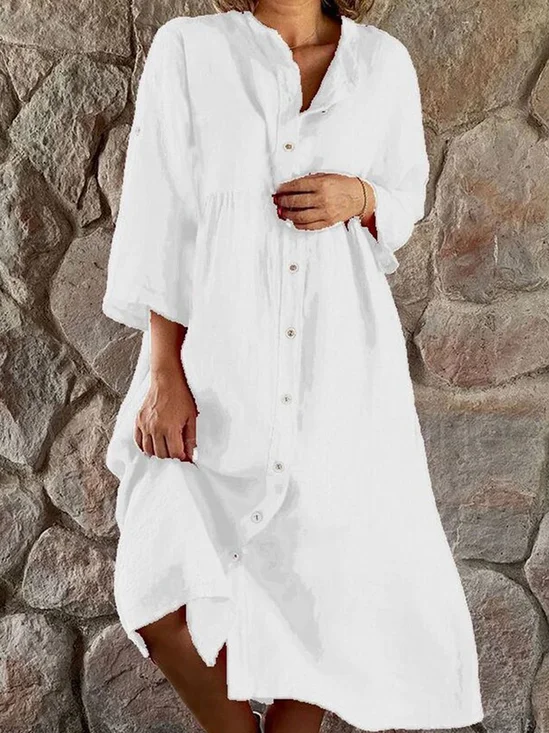 Women Plain Shirt Collar Three Quarter Sleeve Comfy Casual Midi Dress