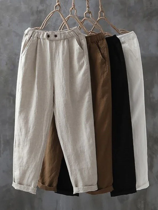 Casual Plain Ankle Pants Elastic Waist Pocket Stitching Pant