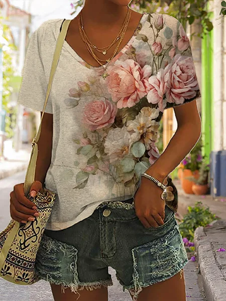 Casual Floral V Neck Short Sleeve T-shirt