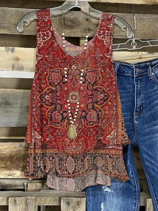 Casual V Neck Ethnic Tank Top Folds