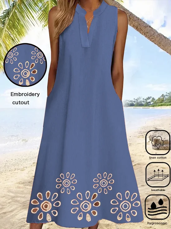 Women Embroidery Patterns Notched Short Sleeve Comfy Casual Midi Dress