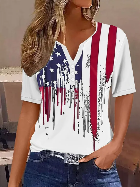 Casual America Flag Notched Short Sleeve T-shirt