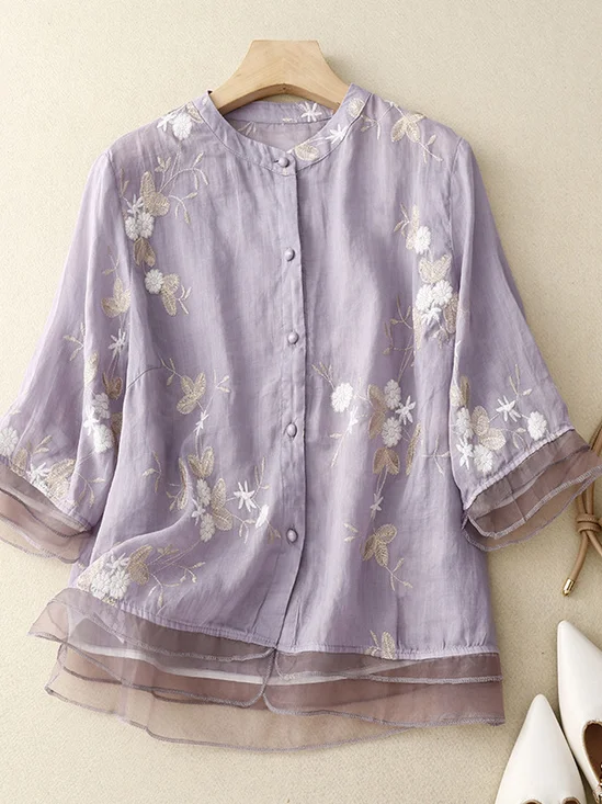 Stand Collar Half Sleeve Embroidery Patterns Regular Loose Shirt For Women