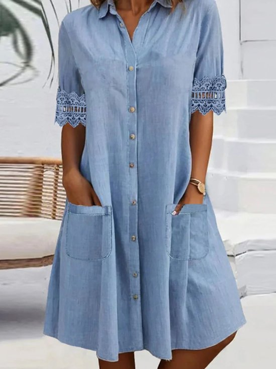 Women Plain Shirt Collar Short Sleeve Comfy Casual Lace Short Dress