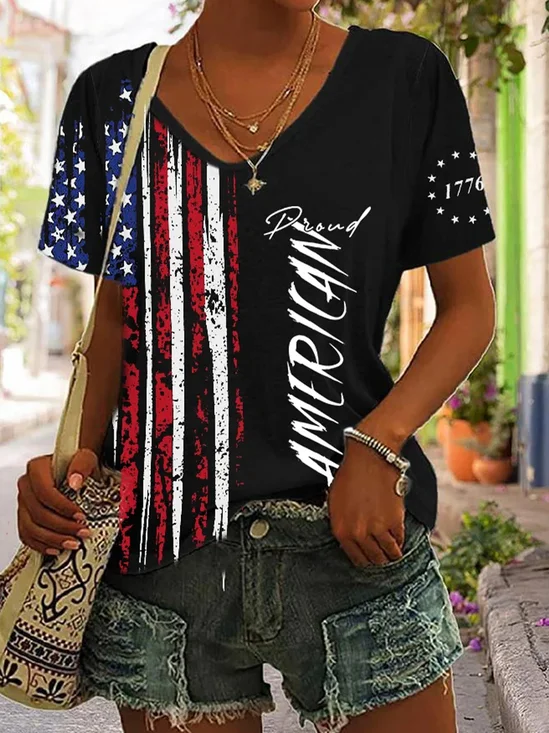 Casual Independence Day (Flag) V Neck Short Sleeve T-shirt