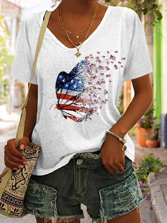 Casual Butterfly V Neck Short Sleeve T-shirt