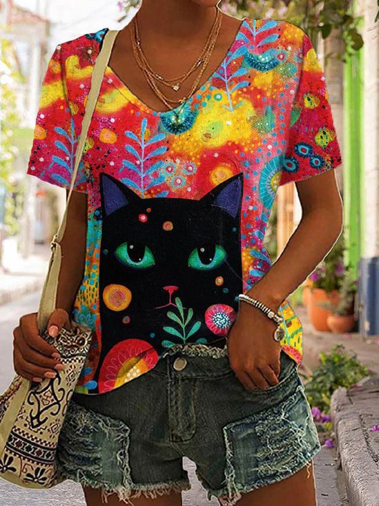 Casual Cat V Neck Short Sleeve T-shirt