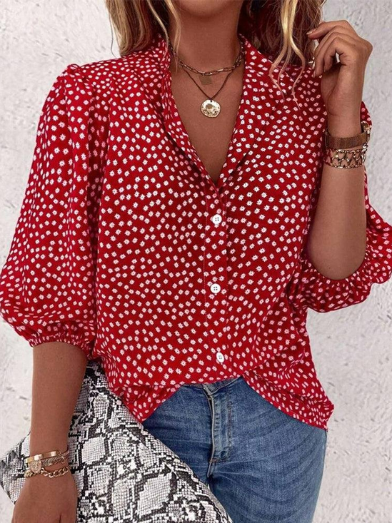 Three Quarter Sleeve Polka Dots Regular Loose Shirt For Women
