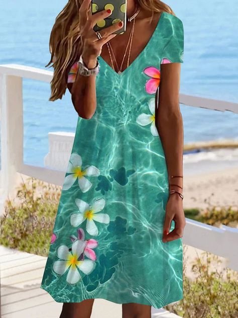 Women Ocean Pattern V Neck Short Sleeve Comfy Casual Mini Dress