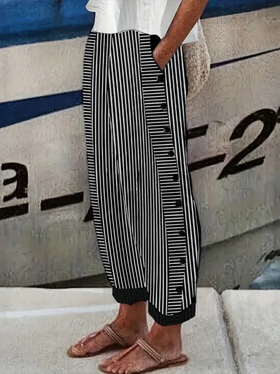 Casual Striped Long Buckle Pant